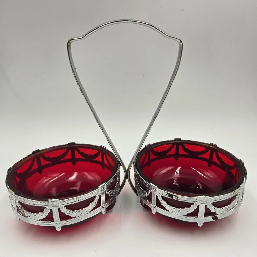 VTG MCM Red Amberina Glass Bowls Chrome Condiment Caddy Swag of Roses Ruby Red